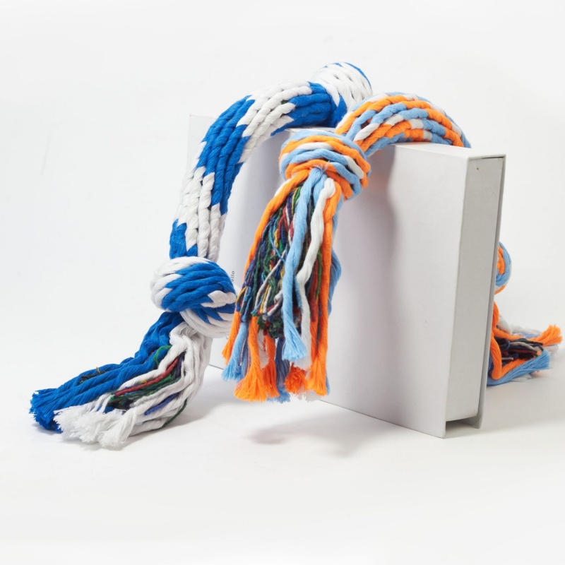 double knot rope dog chew toy, cotton rope, pink / blue / orange